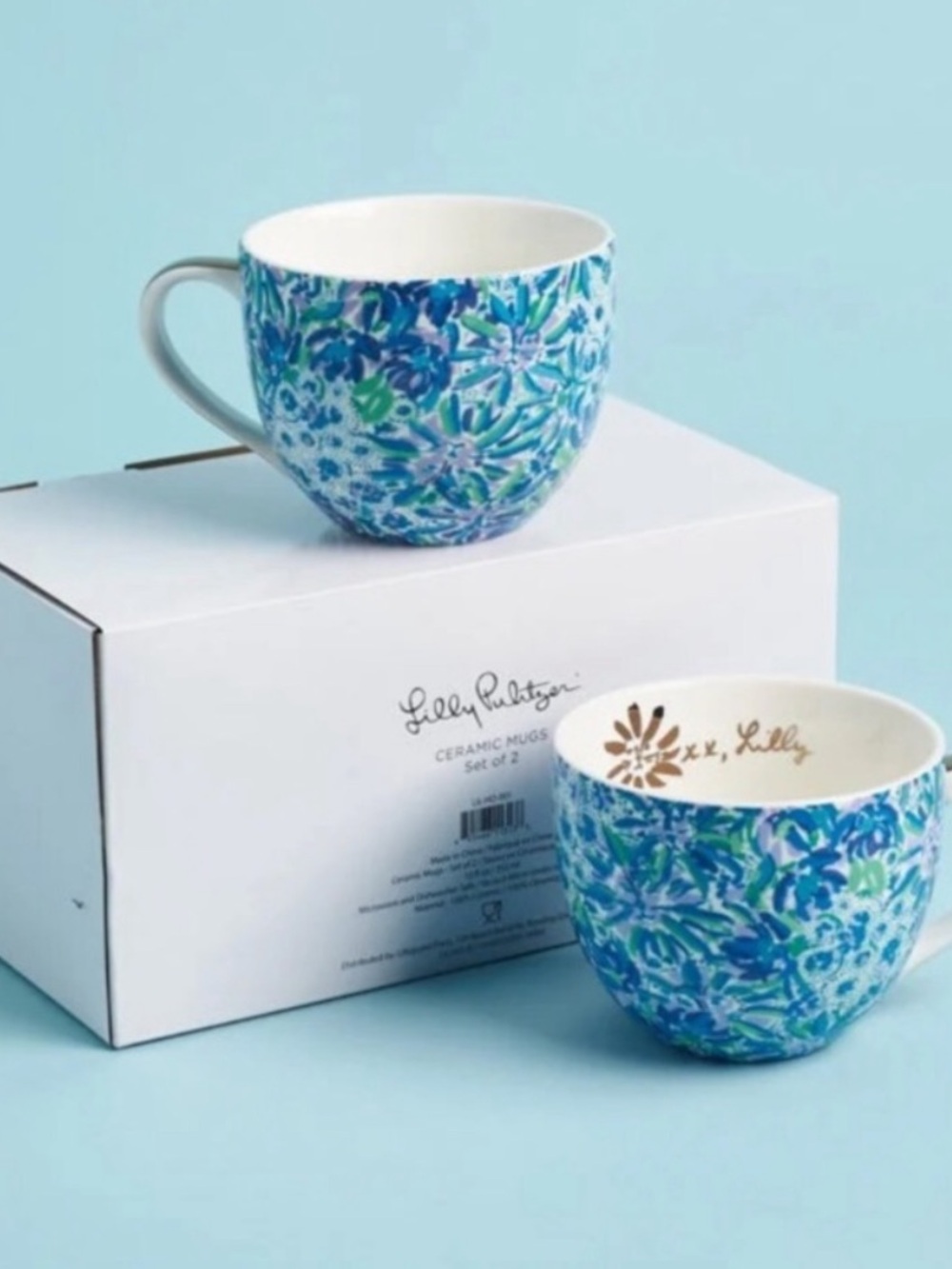 Set of 2 Lilly Pulitzer 12oz Ceramic Mug Blue Floral